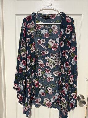 L&B Navy Floral Kimono Cardigan with Pink & White Blooms